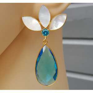 Gold plated earrings with mother of Pearl and blue Topaz quartz