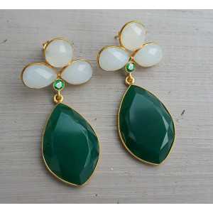 Gold plated earrings with white Chalcedony, green Onyx and green quartz