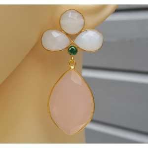 Gold plated earrings with white and pink Chalcedony and green quartz