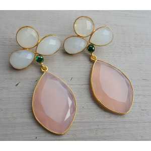 Gold plated earrings with white and pink Chalcedony and green quartz