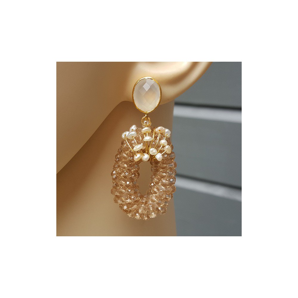 Gold plated earrings with white Chalcedony, crystals and Pearls