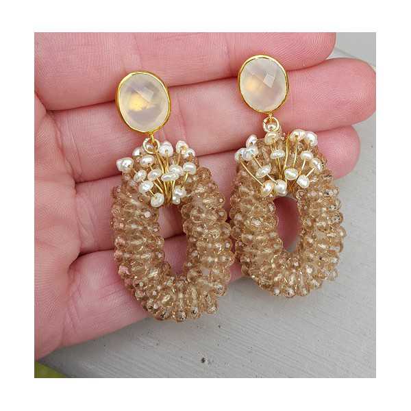 Gold plated earrings with white Chalcedony, crystals and Pearls