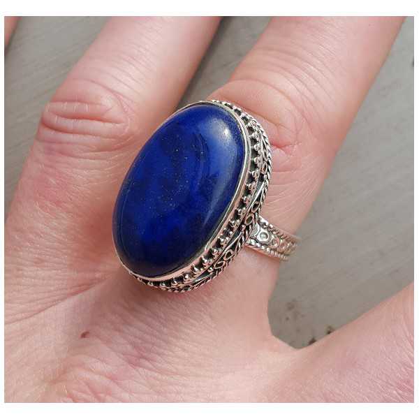Silver ring oval cabochon Lapis in a revised setting 18.5 mm