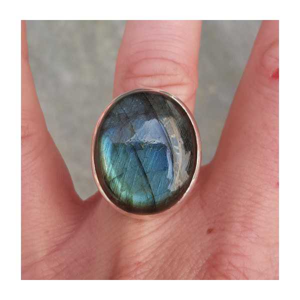 Silver ring set with oval cabochon Labradorite 15.7 mm