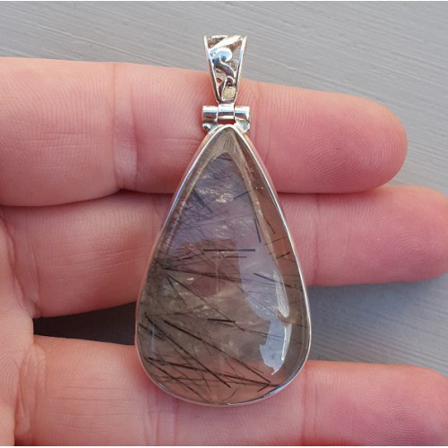 Zilveren hanger met druppelvormige cabochon Toermalijnkwarts
