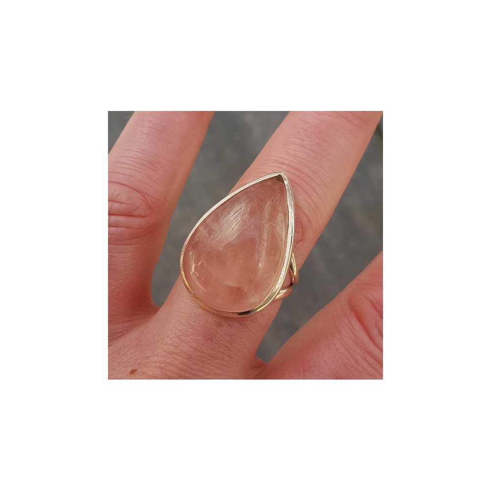 Silver ring set with oval cabochon rose quartz 19 mm