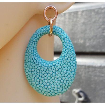 Oorbellen met ovale hanger van Turkoois blauw Roggenleer