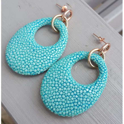 Oorbellen met ovale hanger van Turkoois blauw Roggenleer