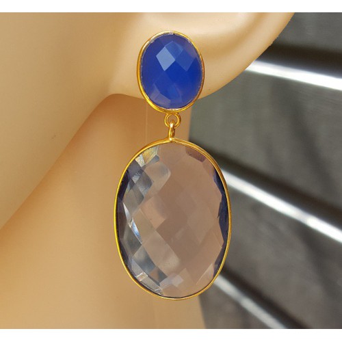 Goud vergulde oorbellen met Ioliet quartz en blauw Chalcedoon