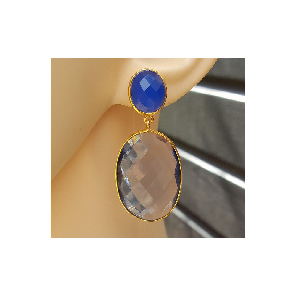 Goud vergulde oorbellen met Ioliet quartz en blauw Chalcedoon