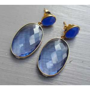 Vergoldete Ohrringe mit Ioliet Quarz und Chalcedon blau