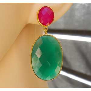 Gold plated earrings with green Onyx and fuchsia pink Chalcedony