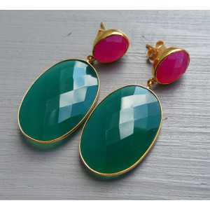 Gold plated earrings with green Onyx and fuchsia pink Chalcedony