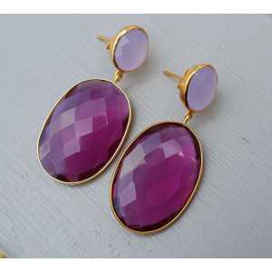 Vergulde oorbellen met lavendel Chalcedoon en roze Toermalijn quartz