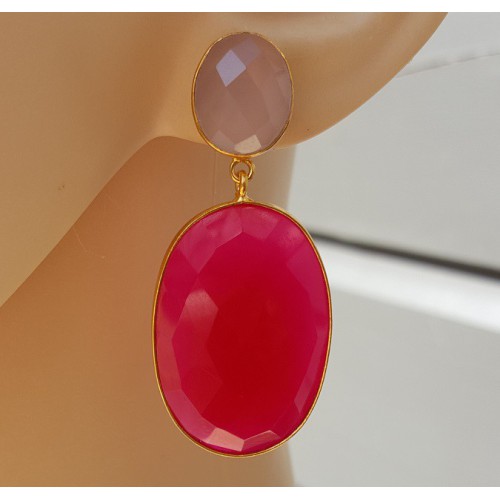 Vergulde oorbellen met roze Chalcedoon en fuchsia roze Chalcedoon