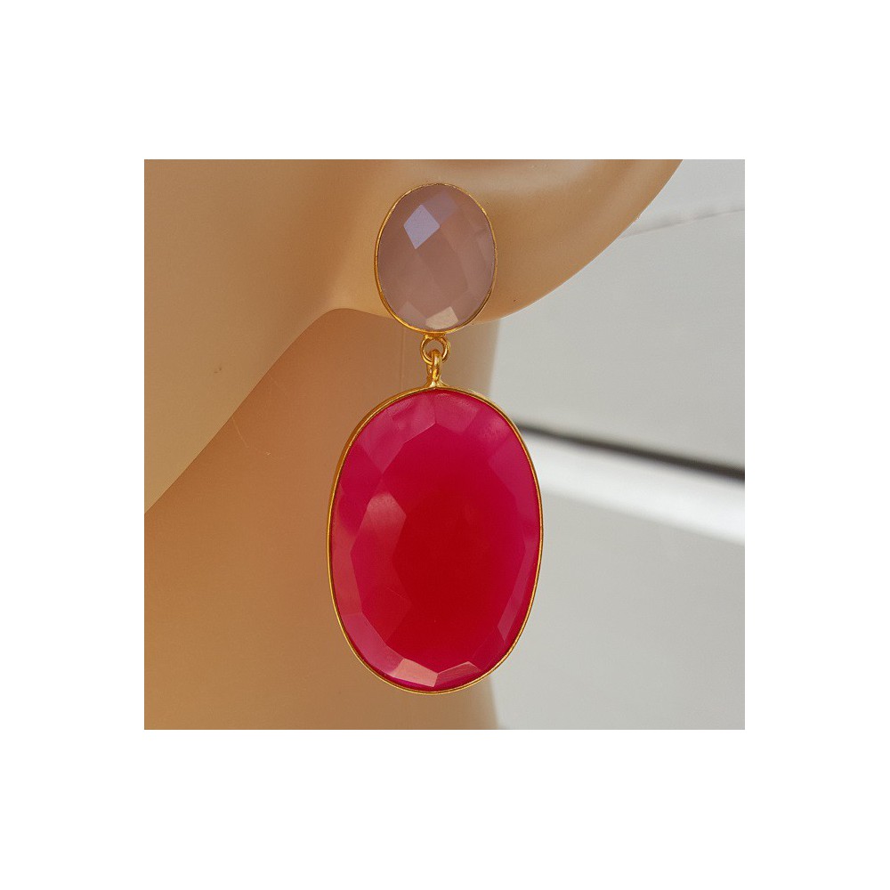 Vergulde oorbellen met roze Chalcedoon en fuchsia roze Chalcedoon