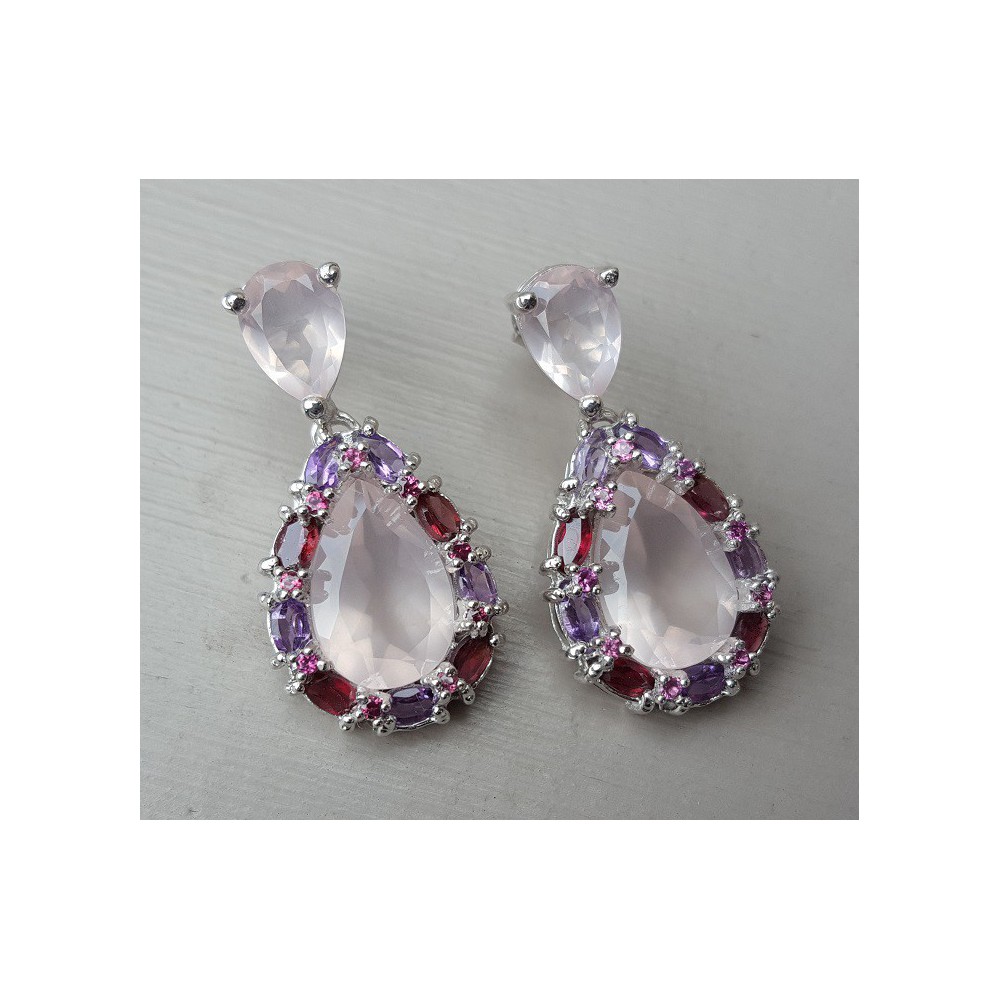 Silber Ohrringe mit Rosenquarz -, Amethyst-und Rhodoliet Granate