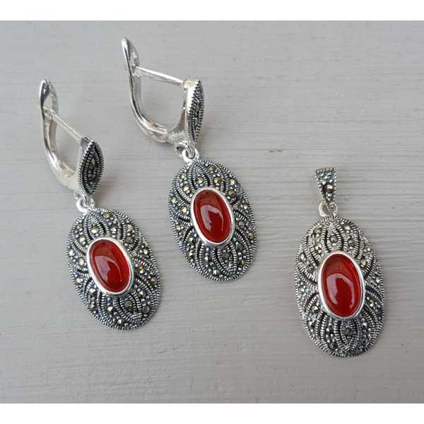 Silver earrings and pendant set with Carnelian and Markasiet