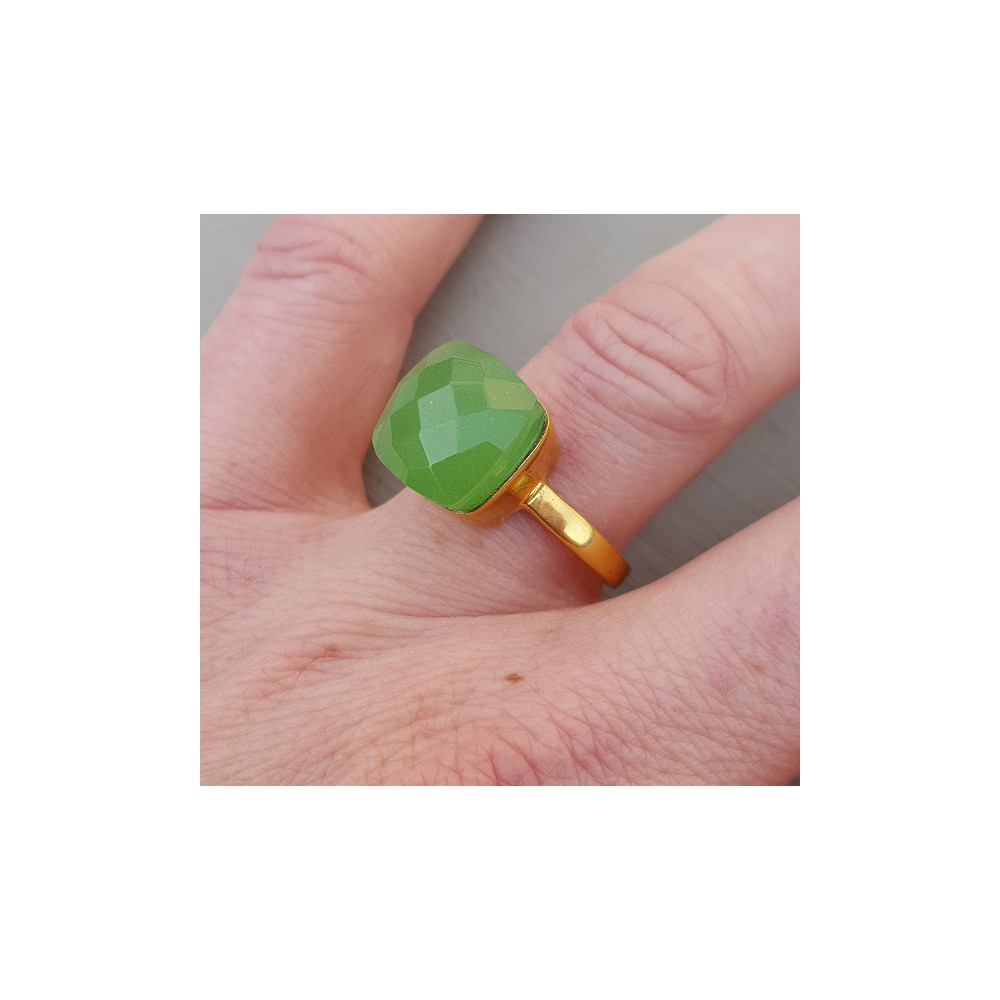 Gold plated ring with square apple green variety of Chalcedony 18 or 20 mm