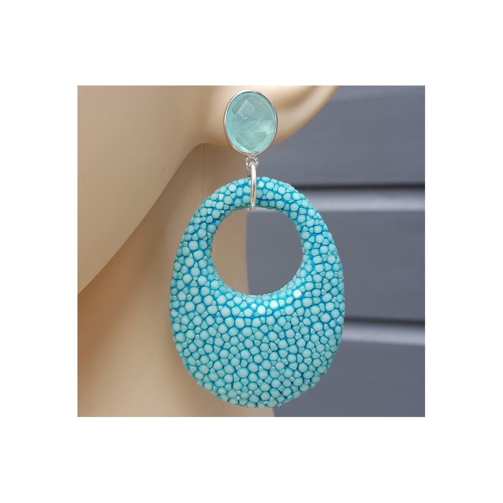 Oorbellen aqua Chalcedoon en ovale hanger Turkoois blauw Roggenleer