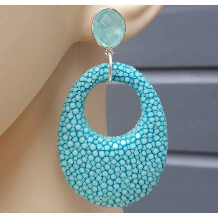 Oorbellen aqua Chalcedoon en ovale hanger Turkoois blauw Roggenleer