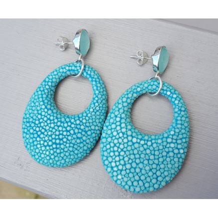 Oorbellen aqua Chalcedoon en ovale hanger Turkoois blauw Roggenleer