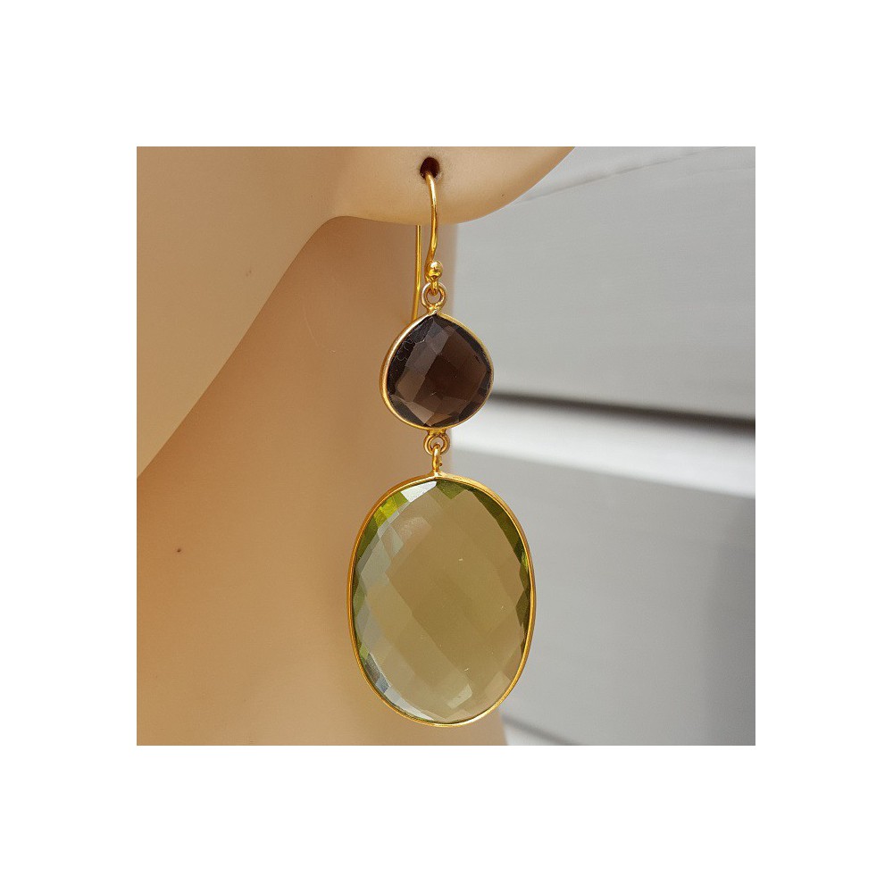 Gold plated earrings with Smokey Topaz and green Amethyst