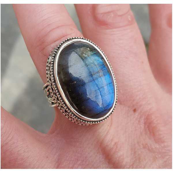 Silver ring carved setting with oval cabochon Labradorite 17.5 mm