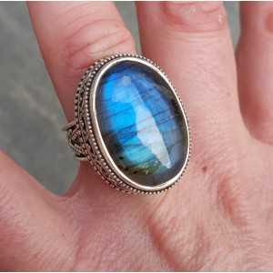 Silver ring carved setting with oval cabochon Labradorite 17