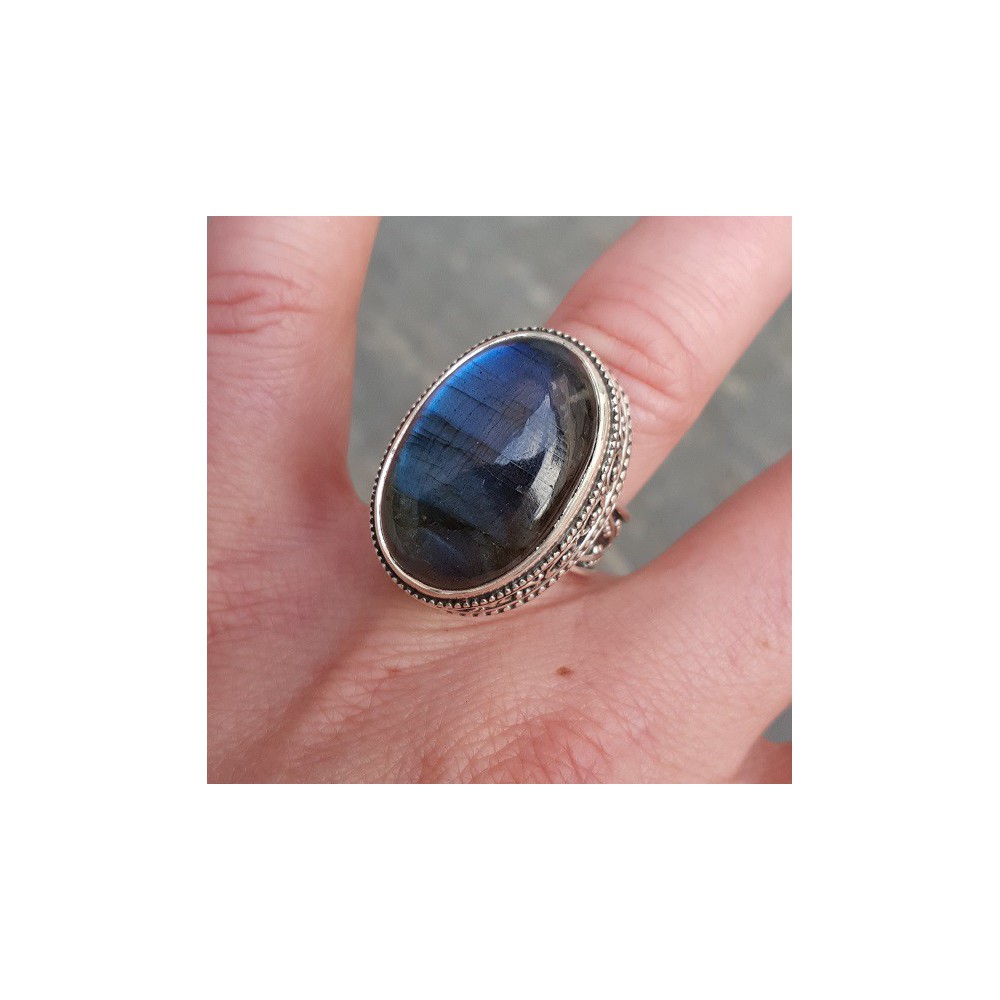 Silver ring carved setting with oval cabochon Labradorite 17