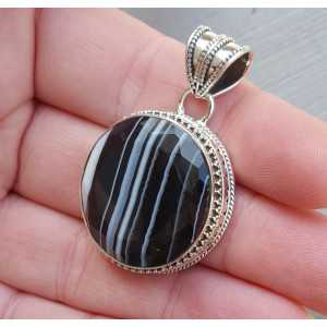 Silver pendant round faceted Botswana Agate carved setting