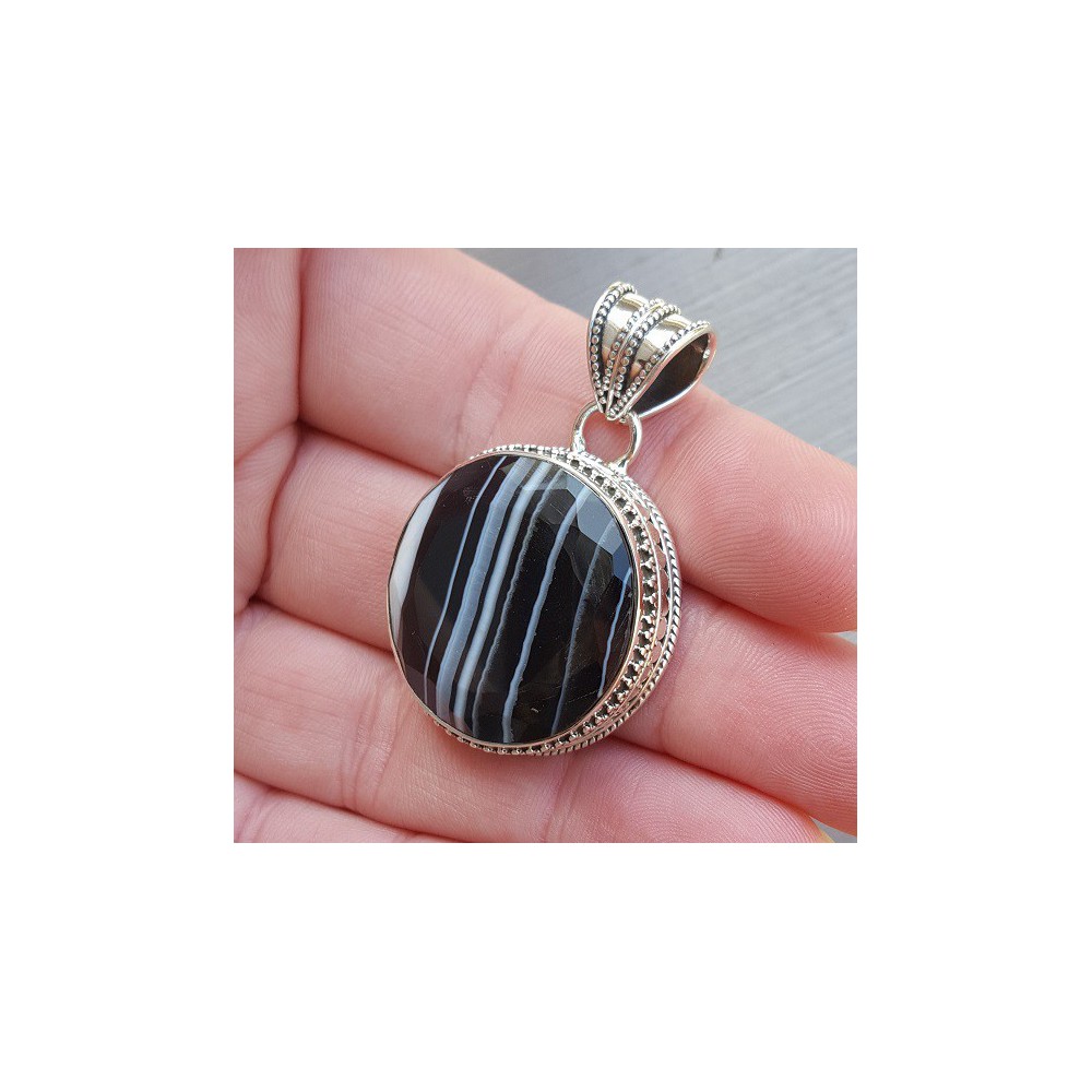 Silver pendant round faceted Botswana Agate carved setting