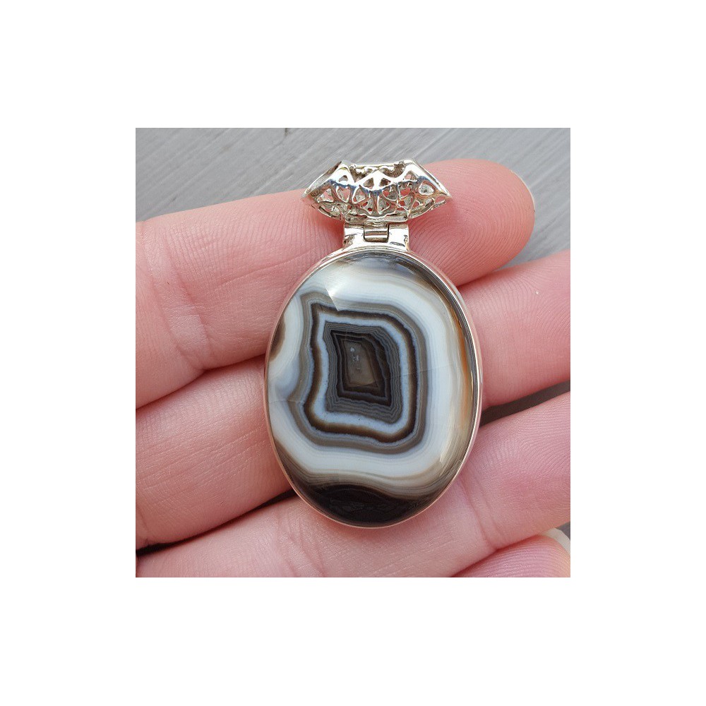 Silver pendant oval cabochon black Botswana Agate