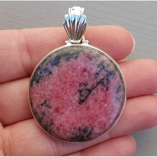 Silver pendant set with large round cabochon Rhodonite