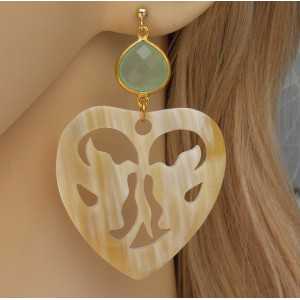 Gold plated earrings with green Chalcedony and carved buffalo horn