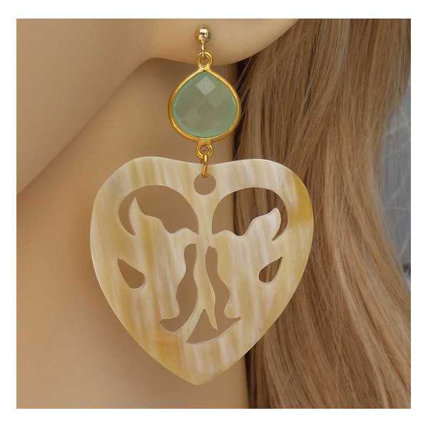 Gold plated earrings with green Chalcedony and carved buffalo horn