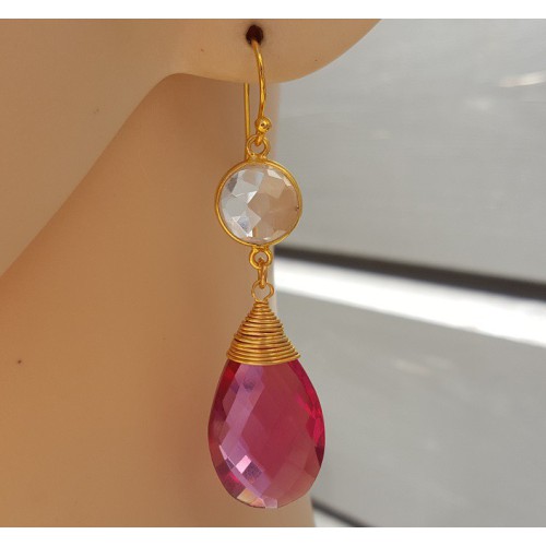 Vergulde oorbellen met roze Toermalijn quartz en Bergkristal