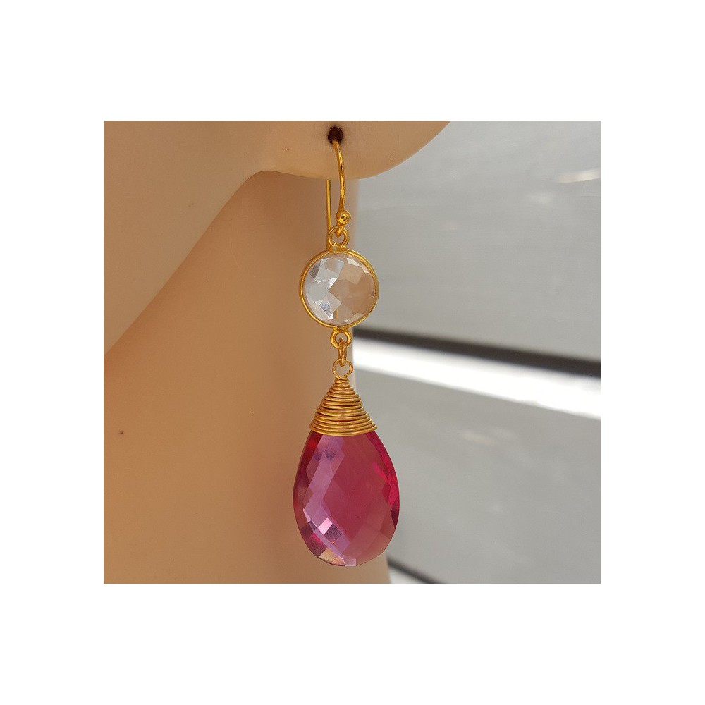 Gold plated earrings with pink Tourmaline, quartz and rock Crystal