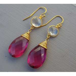 Vergulde oorbellen met roze Toermalijn quartz en Bergkristal