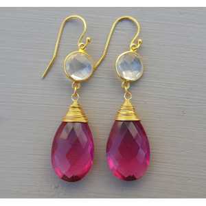 Vergulde oorbellen met roze Toermalijn quartz en Bergkristal