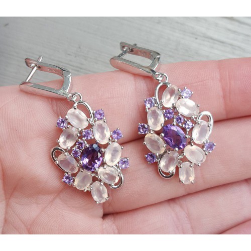Zilveren edelsteen oorbellen met facet Rozenkwarts en Amethist