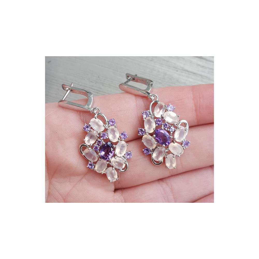 Silver gemstone earrings with faceted rose quartz and Amethyst