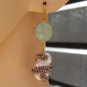 Gold plated earrings with aqua Chalcedony and Pearl with crystals