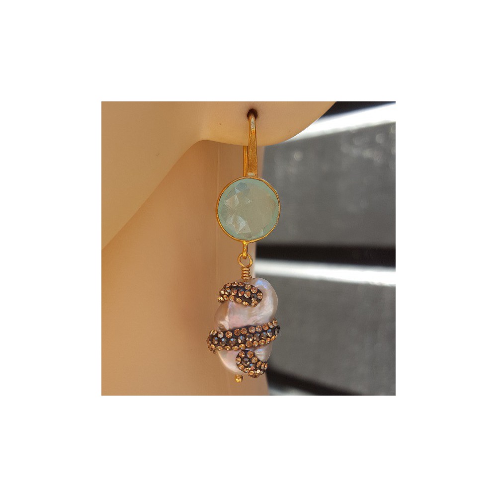 Gold plated earrings with aqua Chalcedony and Pearl with crystals