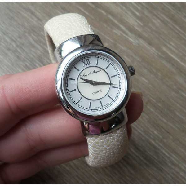 Silver watch / bracelet of cream Roggenleer