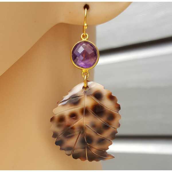 Gold plated earrings with Amethyst and leaf and shell