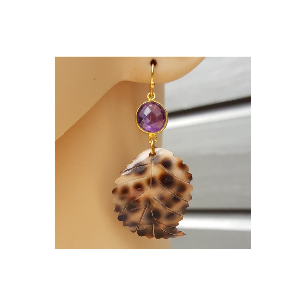 Gold plated earrings with Amethyst and leaf and shell