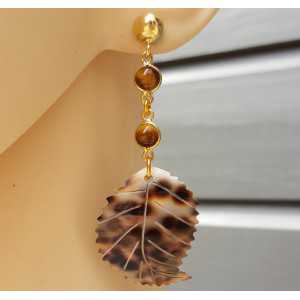 Gold plated earrings with tiger's eye and leaf and shell