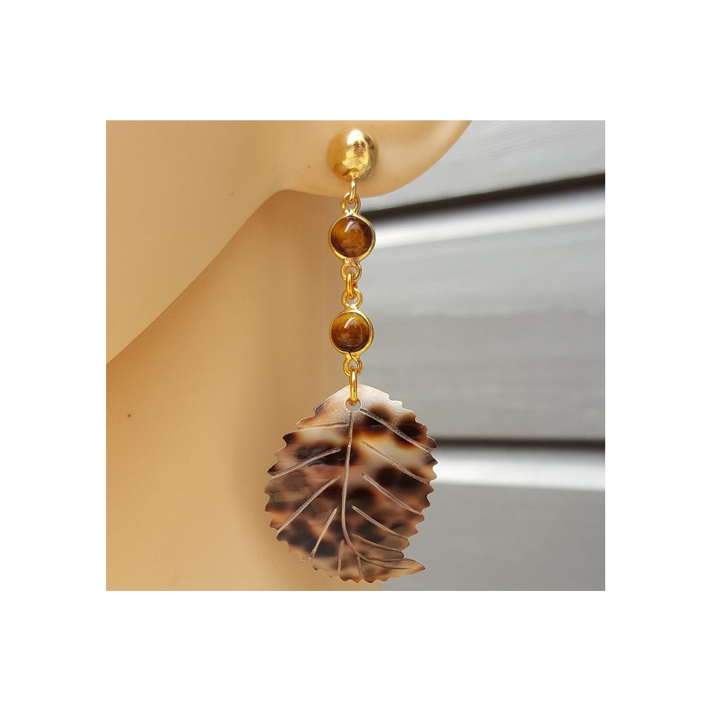 Gold plated earrings with tiger's eye and leaf and shell