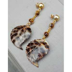 Gold plated earrings with tiger's eye and leaf and shell